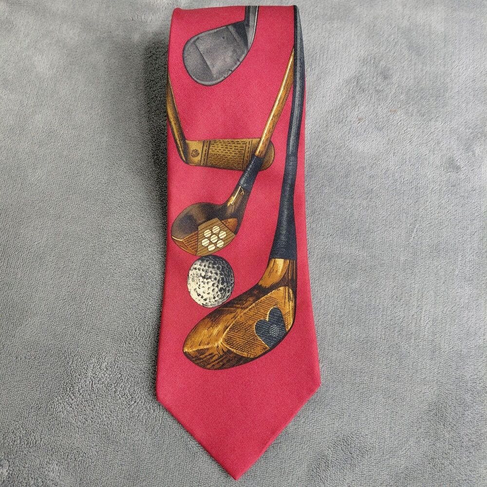 Vintage Polo Ralph Lauren Golf Club Tie Red Silk Hand Made USA Novelty Necktie